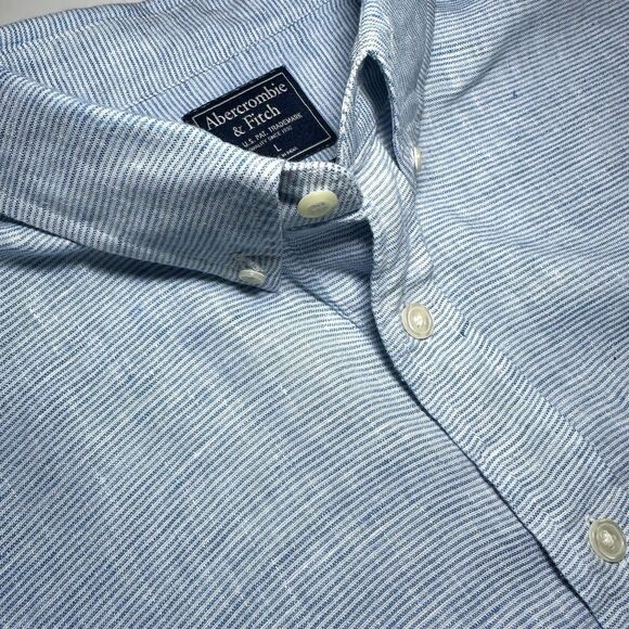 Abercrombie & Fitch Men's Large 100% Linen Shirt Blue Striped Summer Style - Picture 10 of 10